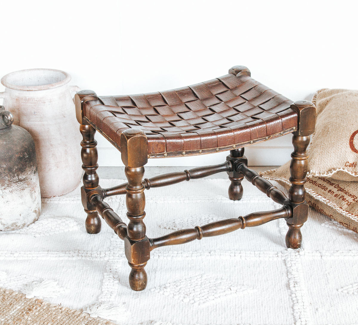 vintage boho wood and woven leather stool seat