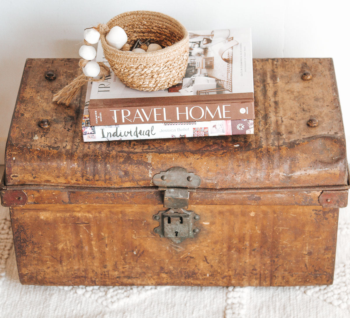 vintage boho wabi-sabi metal tin travel trunk storage chest