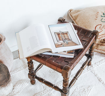 vintage boho wood and woven leather stool seat