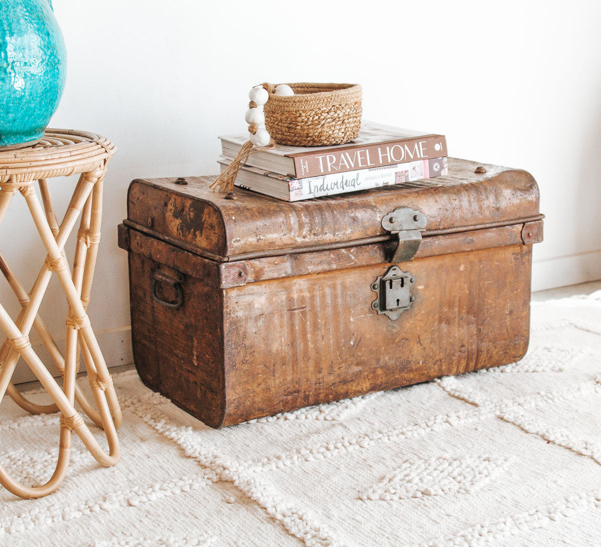 vintage boho wabi-sabi metal tin travel trunk storage chest