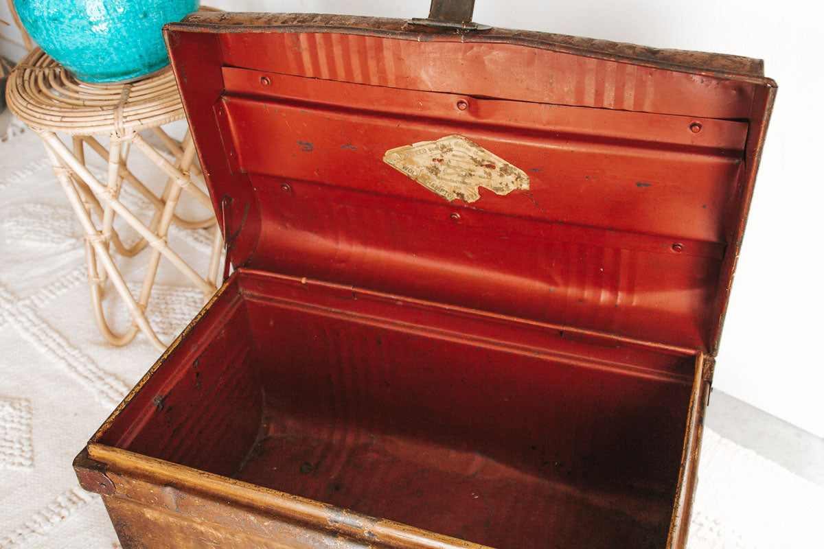 vintage boho wabi-sabi metal tin travel trunk storage chest