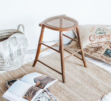 vintage boho antique woven cane with wooden oak legs, stool
