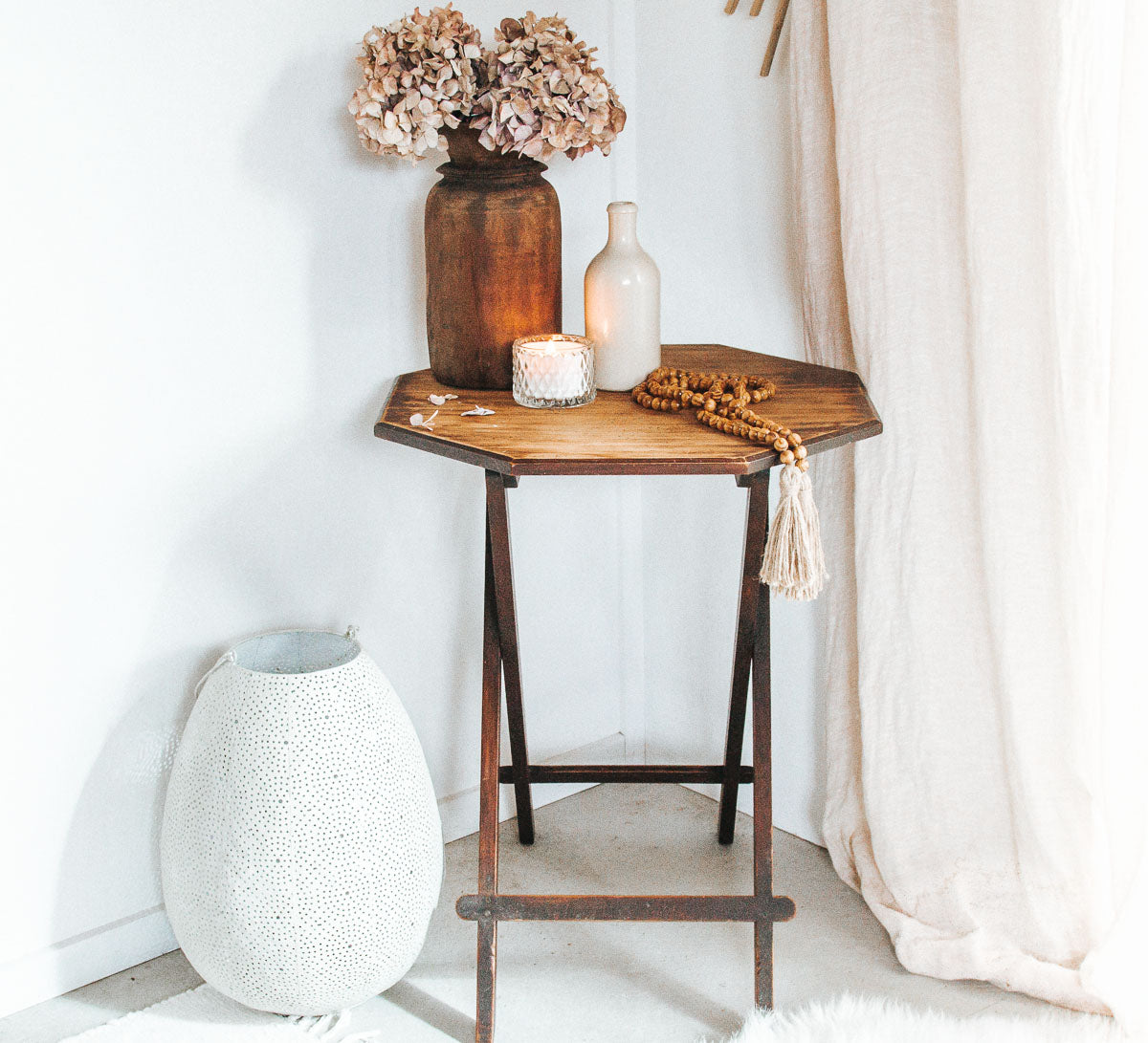 vintage boho antique wooden fold up lounge or hallway table with octagonal top rustic worn in patina