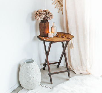 vintage boho antique wooden fold up lounge or hallway table with octagonal top rustic worn in patina