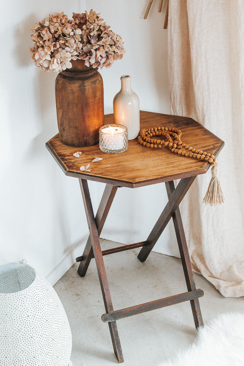 vintage boho antique wooden fold up lounge or hallway table with octagonal top rustic worn in patina
