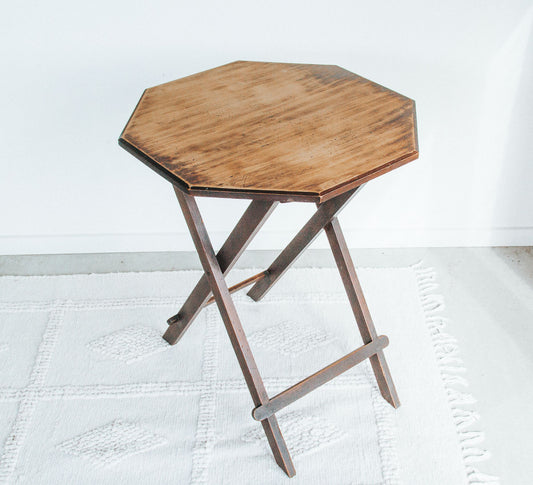 vintage boho antique wooden fold up lounge or hallway table with octagonal top rustic worn in patina