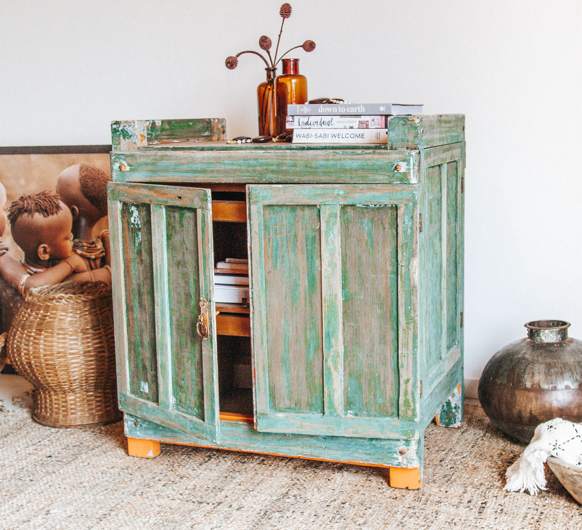 vintage boho rustic wabi sabi wooden handmade cabinet