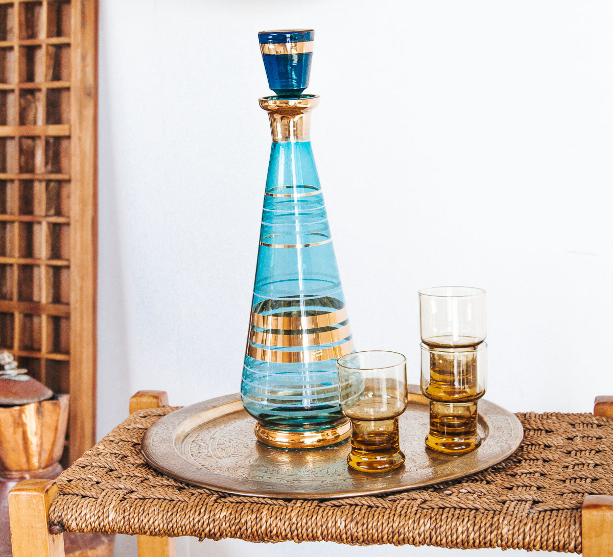 vintage retro bohemia aqua blue and gold wine decanter