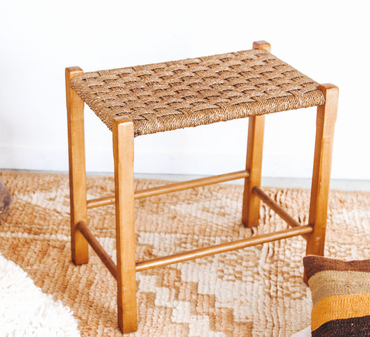 vintage boho wooden and seagrass rattan woven seat stool or plant stand