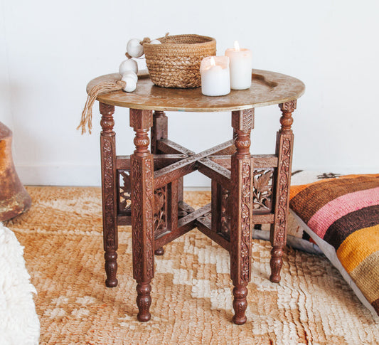 vintage boho indian hand caraved wooden leg with brass tray table