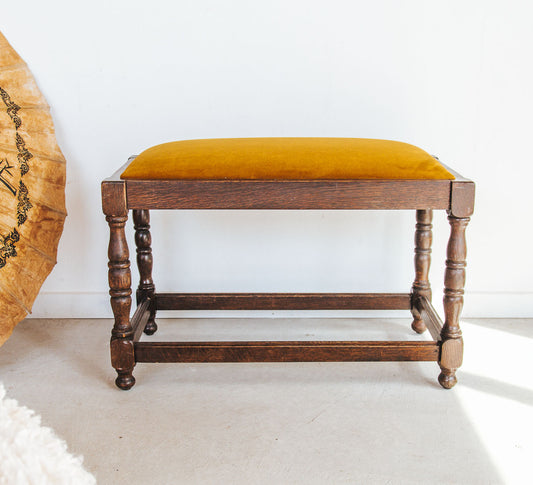 Vintage boho solid oak bench stool with burnt mustard yellow velvet seat