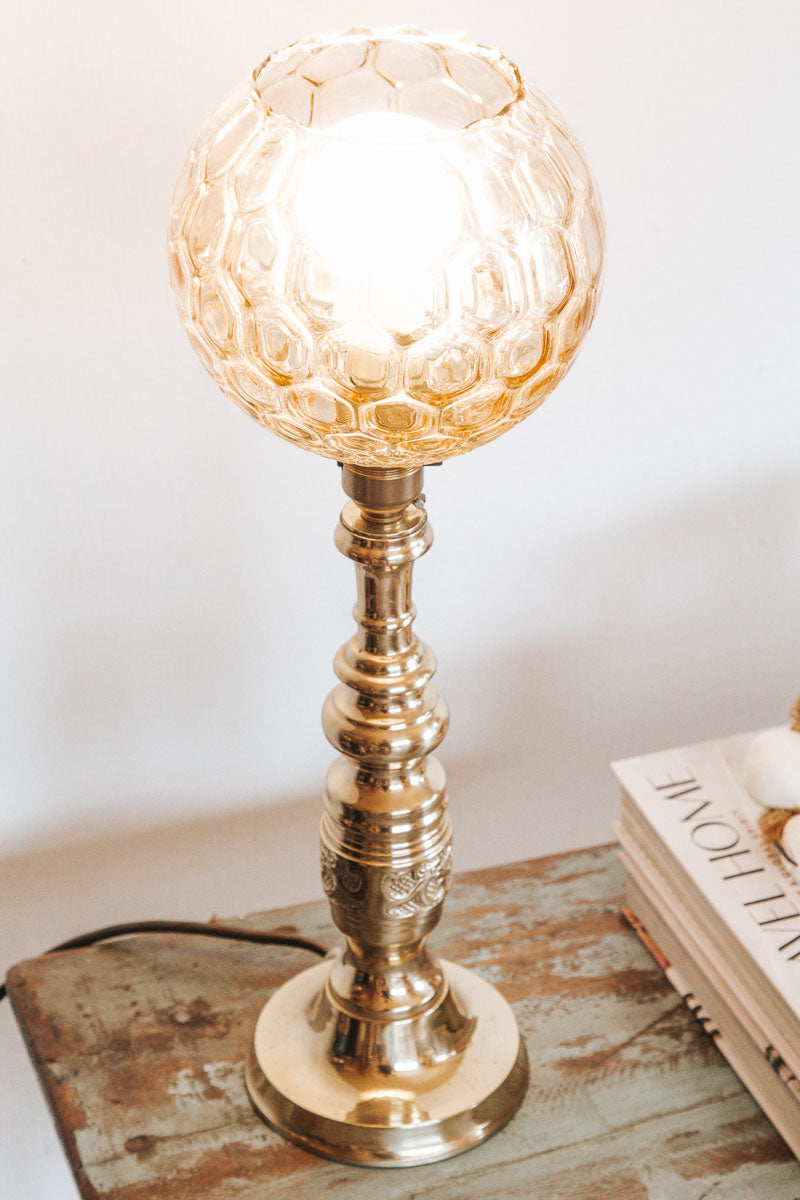 vintage boho brass table lamp with retro amber gold lightshade
