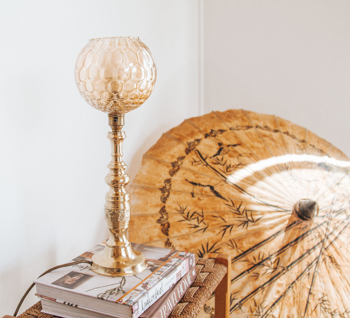 vintage boho brass table lamp with retro amber gold lightshade
