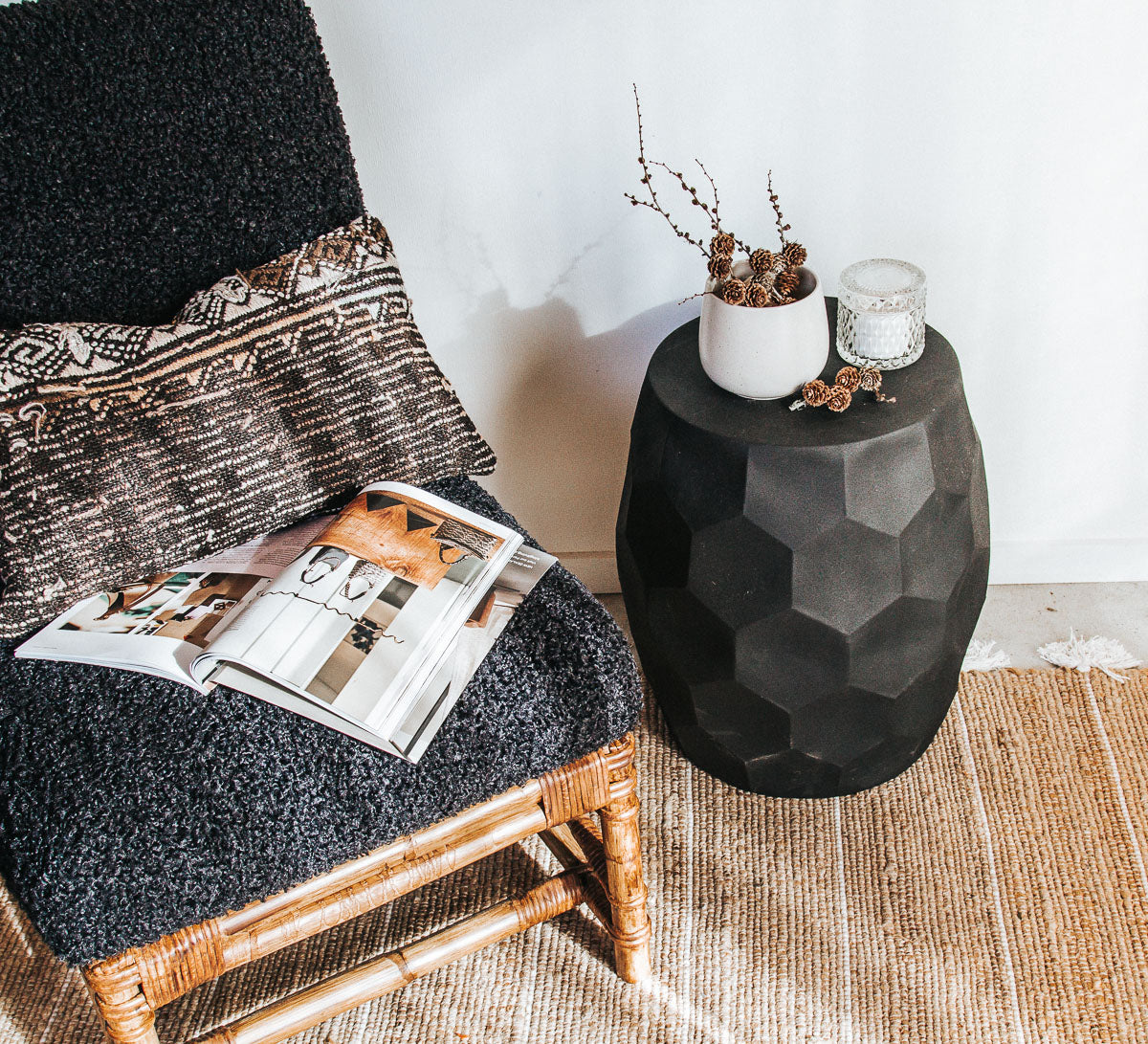 black textured honeycomb hexagonal side table stool