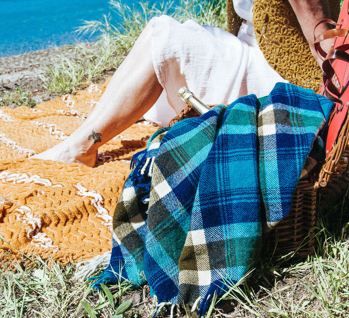 vintage retro boho wool tartan travel rug picnic throw blanket made in NZ