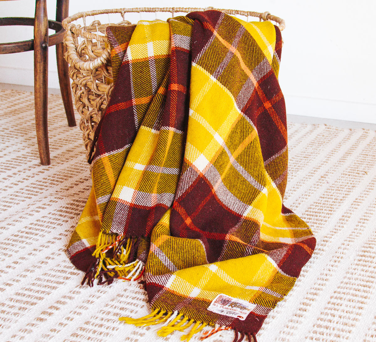 vintage retro boho wool tartan travel rug picnic throw blanket made in NZ