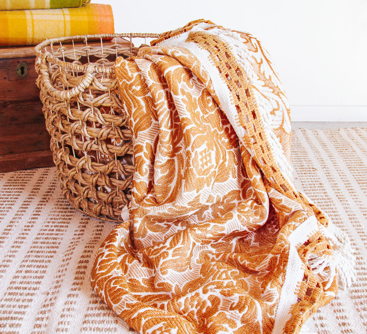 vintage retro brocade heavy embroidered mustard gold tassles bed throw pcinic rug