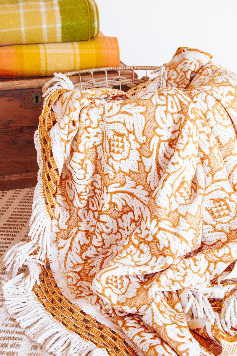 vintage retro brocade heavy embroidered mustard gold tassles bed throw pcinic rug