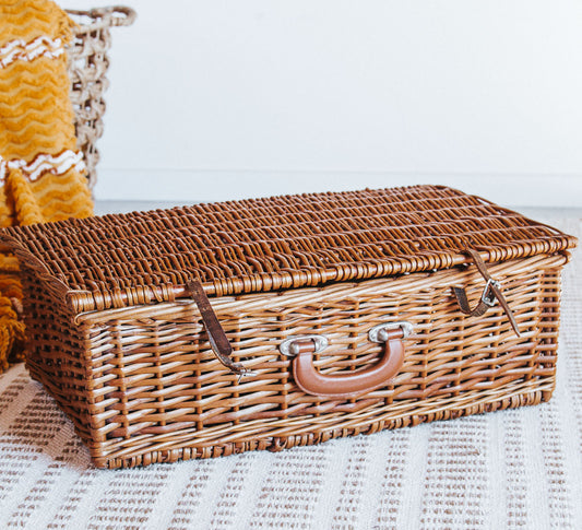 vintage boho cane picnic basket hamper with plate and cutlery storage inside
