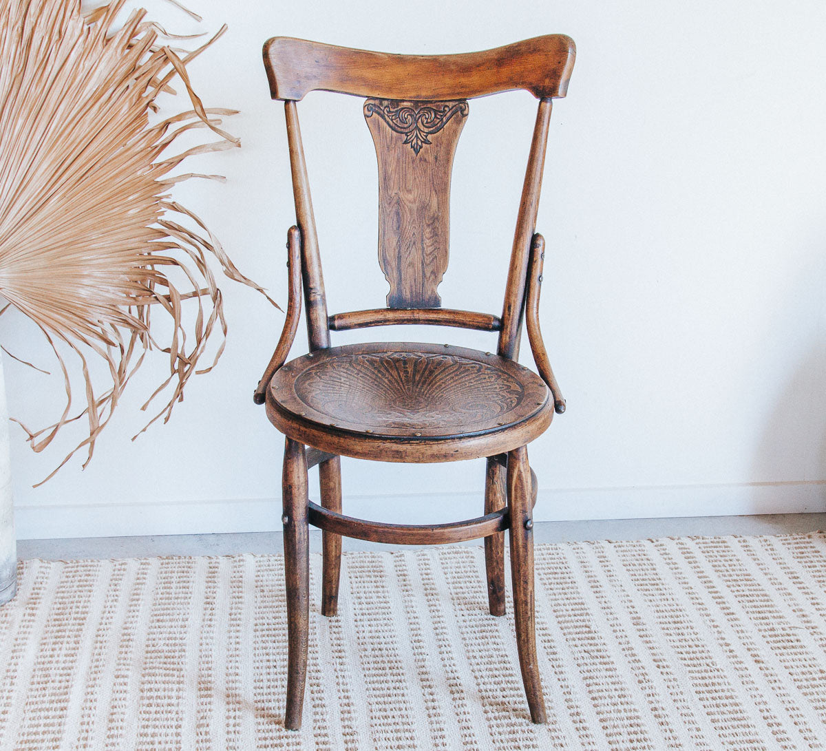 vintage boho bentwood wooden dining chair with metal studs on seat