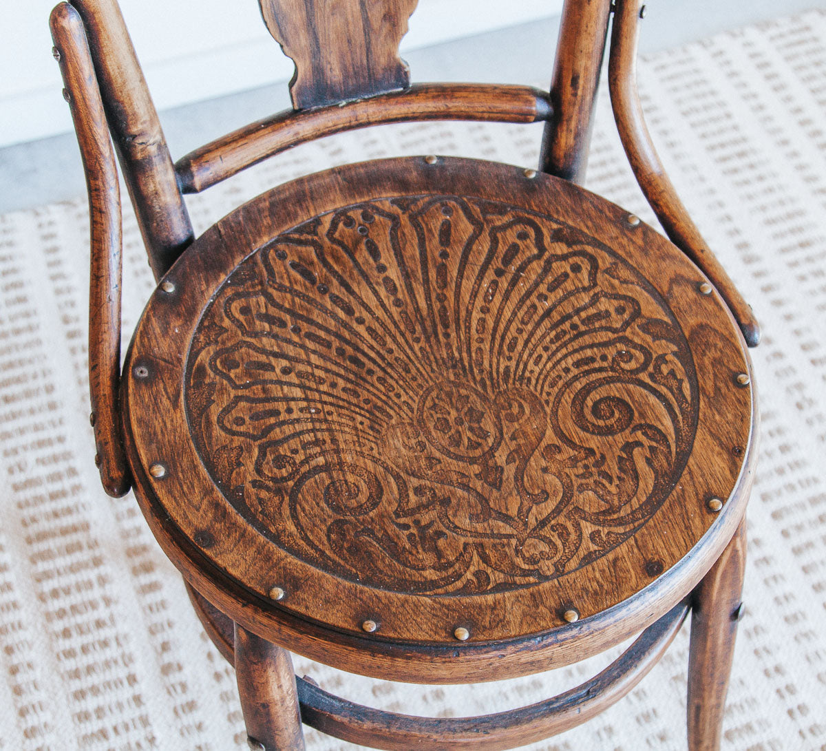 vintage boho bentwood wooden dining chair with metal studs on seat