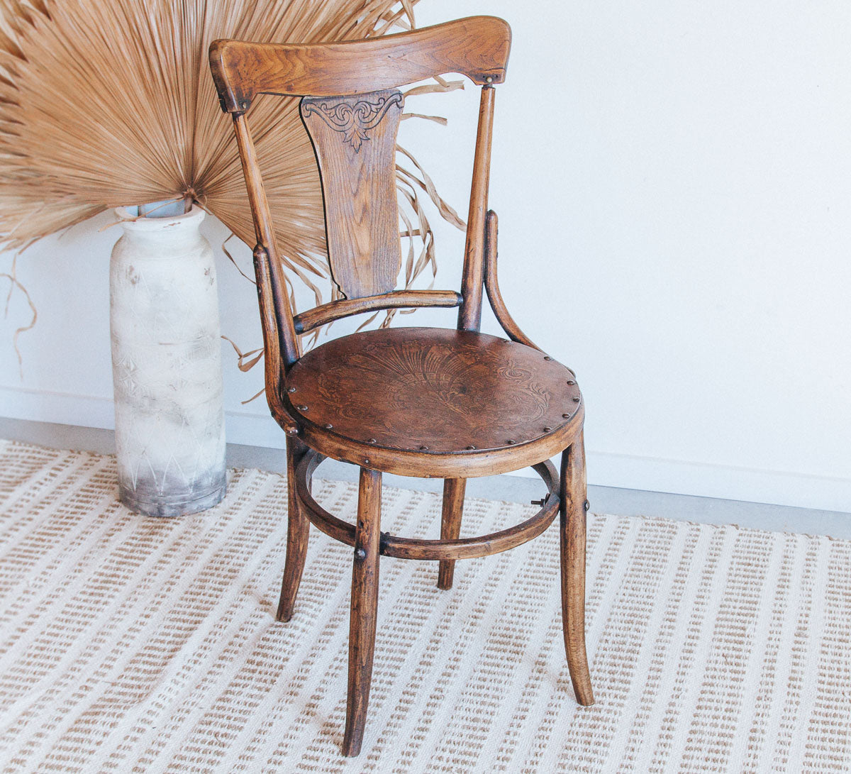 vintage boho bentwood wooden dining chair with metal studs on seat