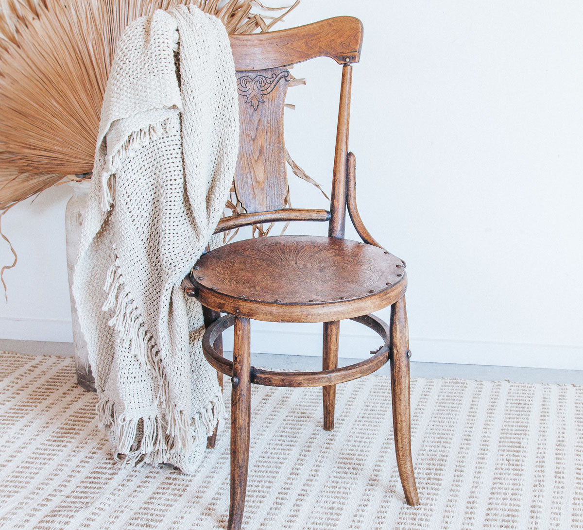 vintage boho bentwood wooden dining chair with metal studs on seat