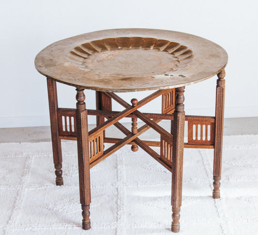 vintage indian brass foldup tray table with wooden carved legs