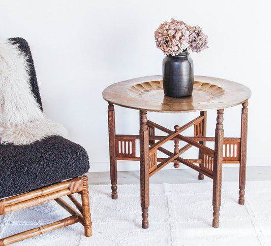 vintage indian brass foldup tray table with wooden carved legs