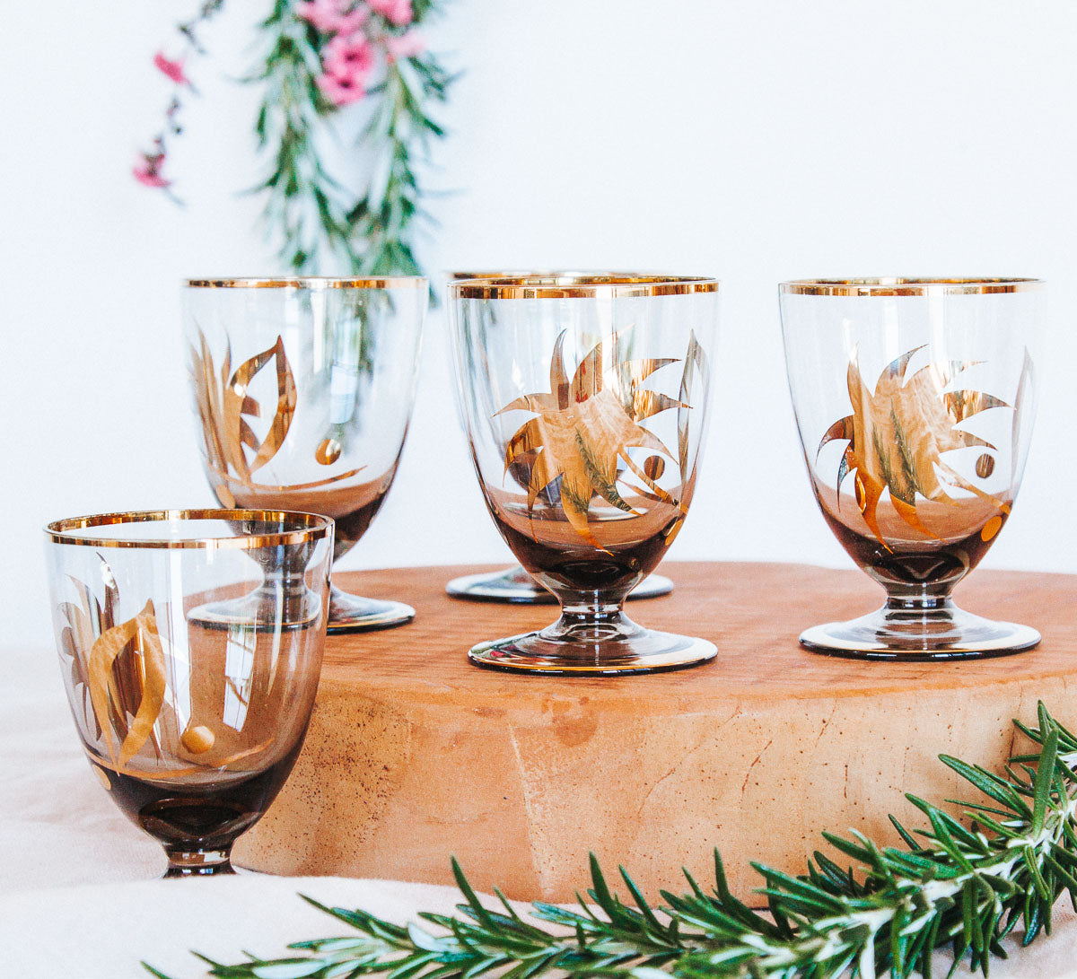 vintage boho bohemian retro smoky grey blakc liqueur glasses with gold leaf pattern