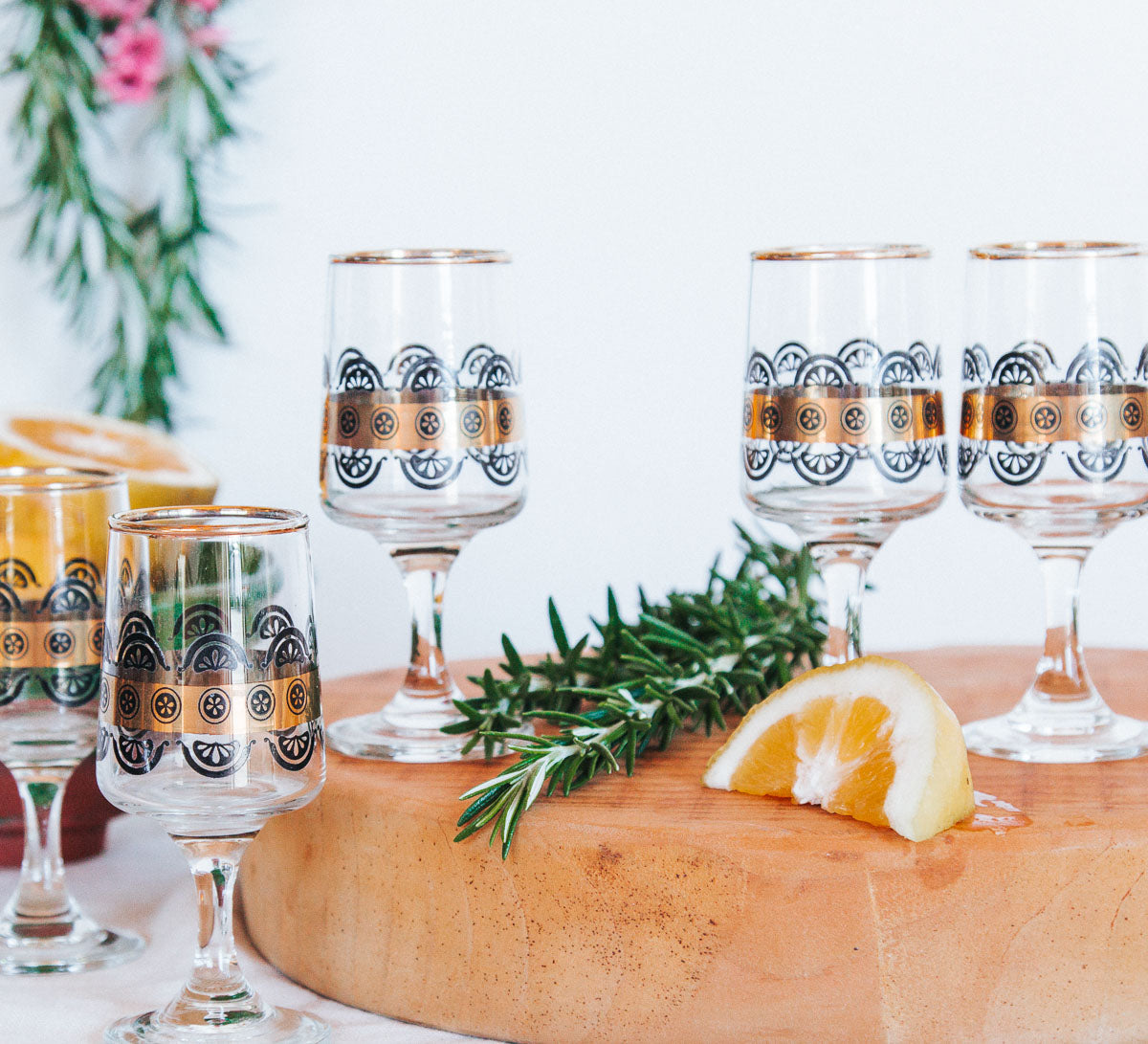 vintage retro black and gold liquer glasses