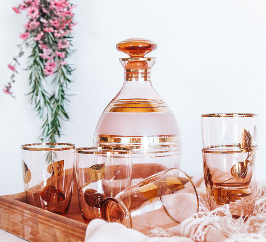 vintage bohemian pink and gold glass decanter and glass set