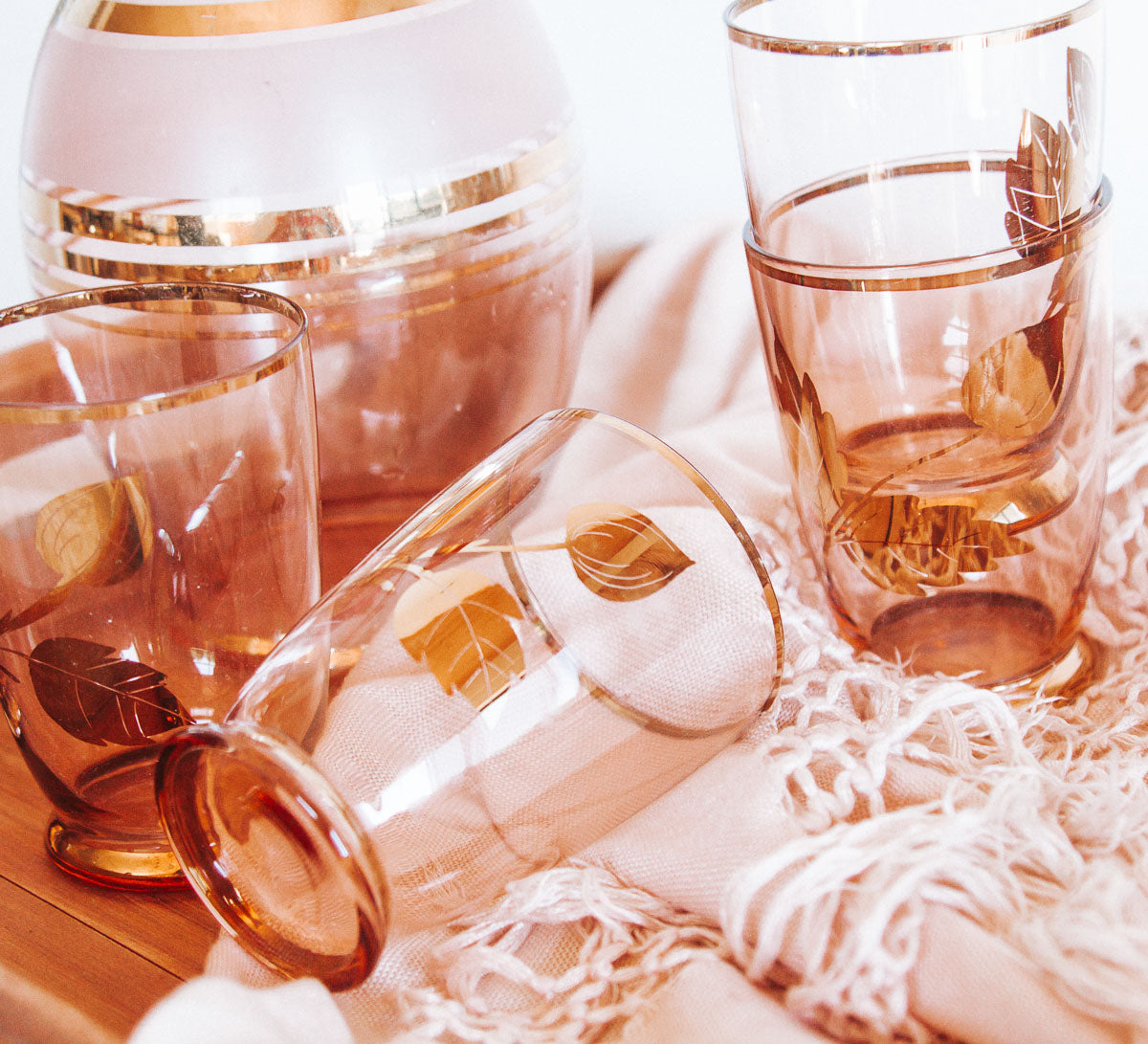 vintage bohemian pink and gold glass decanter and glass set