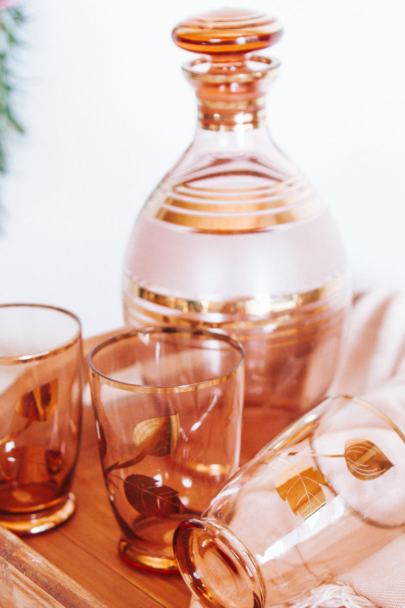 vintage bohemian pink and gold glass decanter and glass set