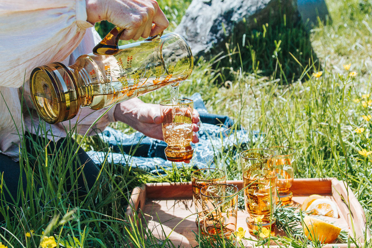 vintage boho bohemian amber glass jug and glasses set with gold wheat pattern