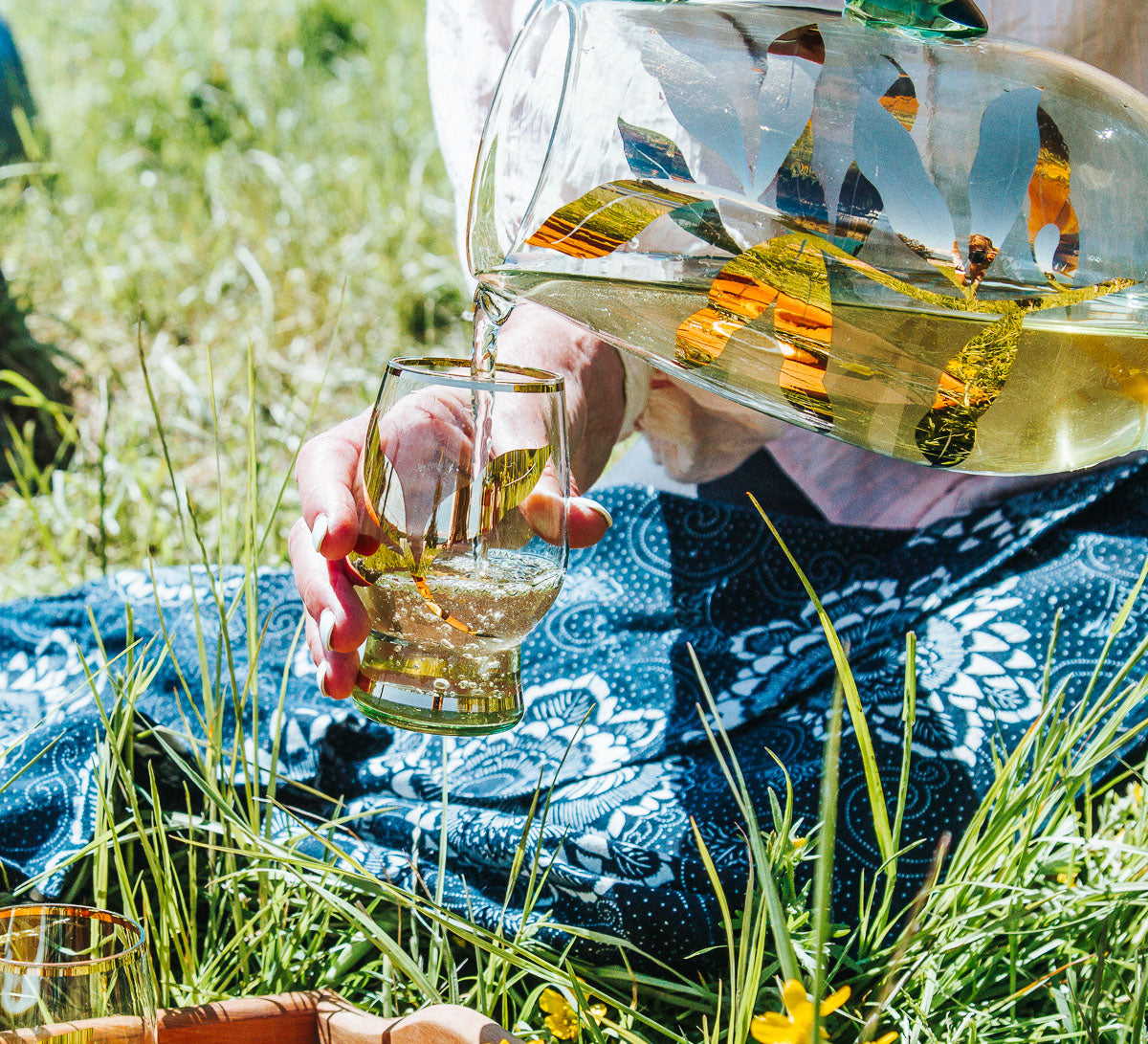 vintage retro bohemia jug and glass set in gold and green