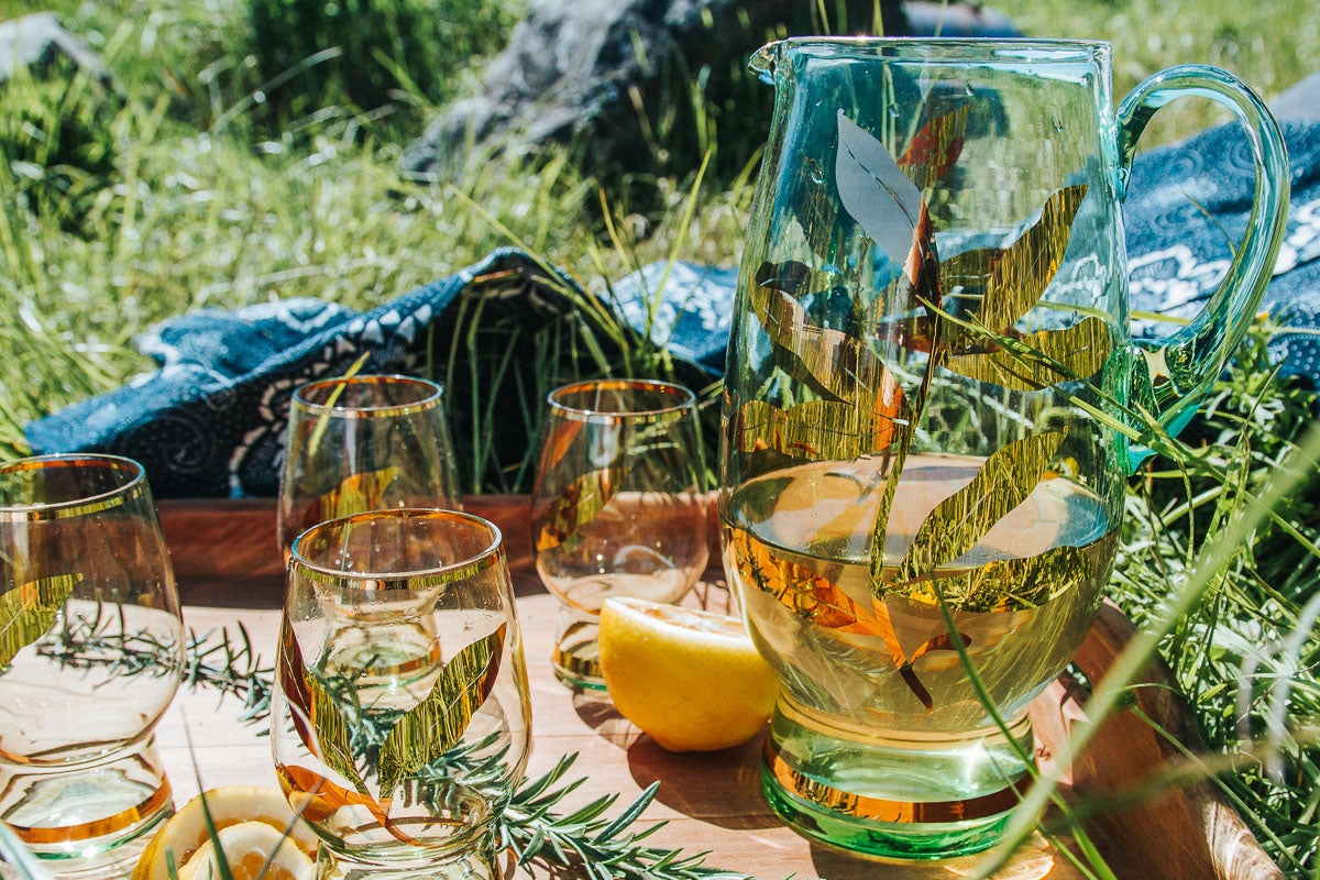 vintage retro bohemia jug and glass set in gold and green