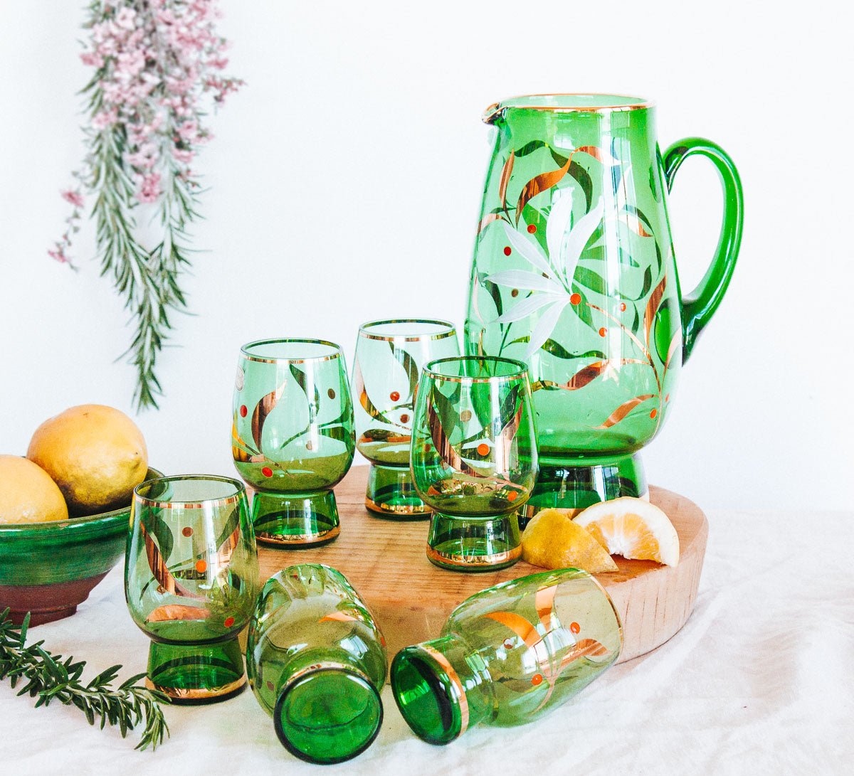 vintage boho bohemia crystal glass water jug and glasses with gold etching