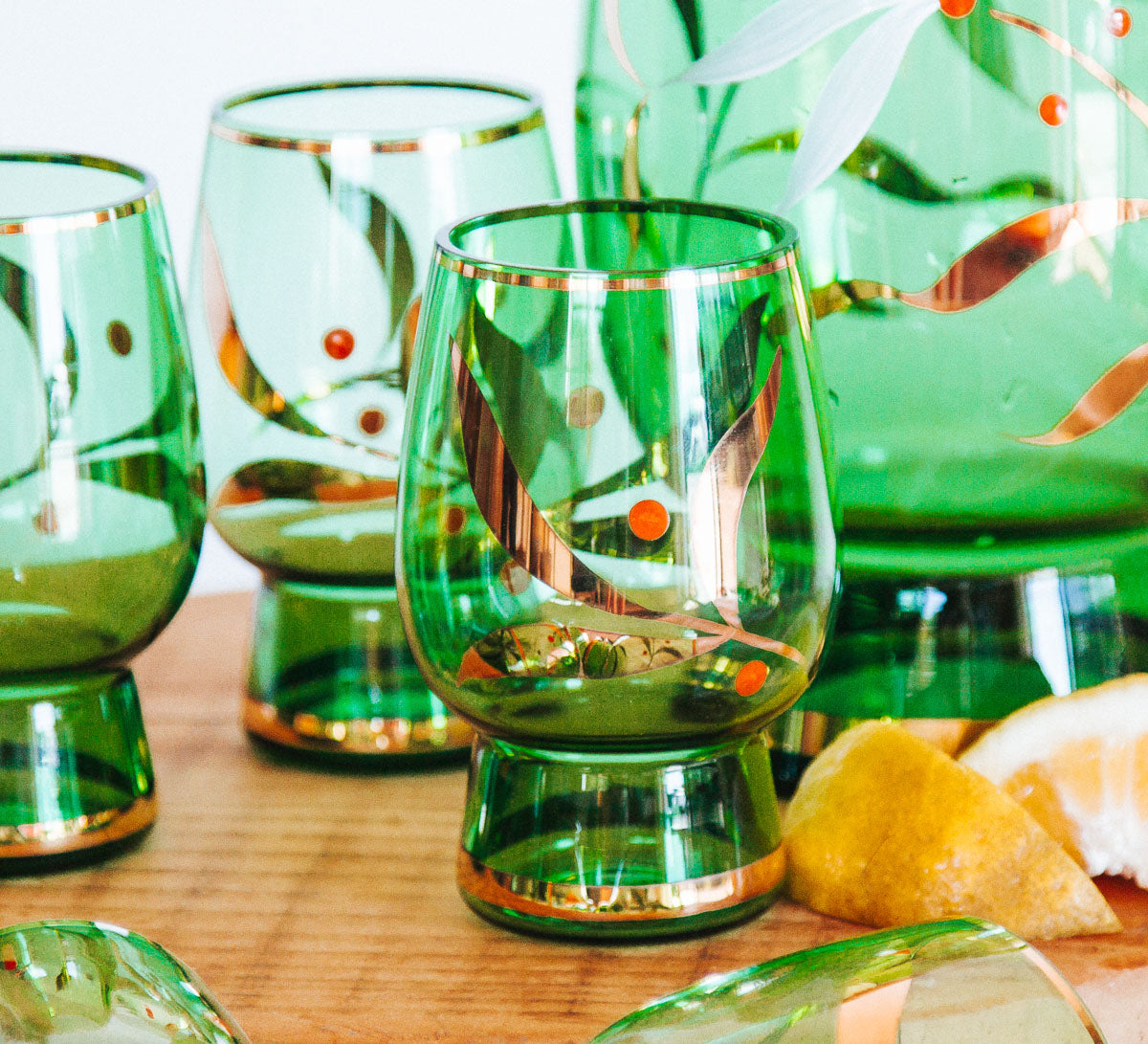 vintage boho bohemia crystal glass water jug and glasses with gold etching