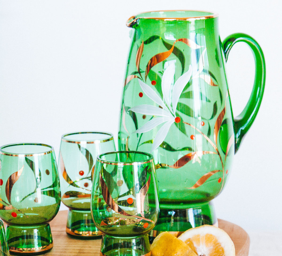 vintage boho bohemia crystal glass water jug and glasses with gold etching