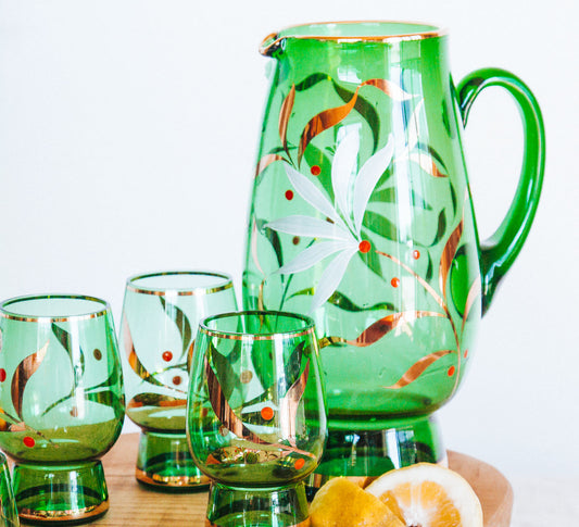 vintage boho bohemia crystal glass water jug and glasses with gold etching
