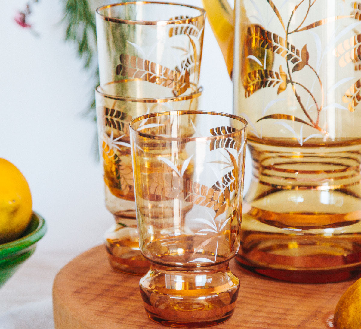 vintage boho bohemian amber glass jug and glasses set with gold wheat pattern