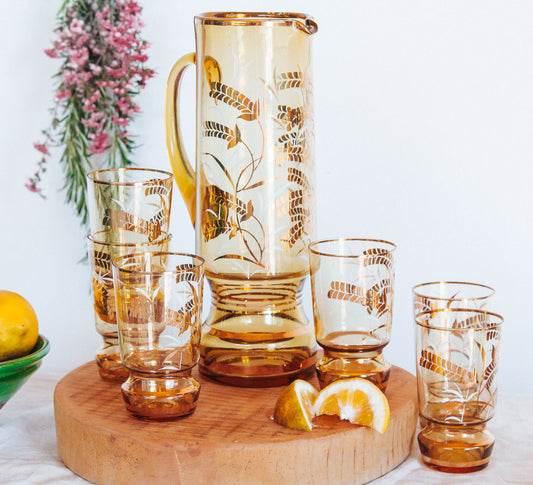 vintage boho bohemian amber glass jug and glasses set with gold wheat pattern