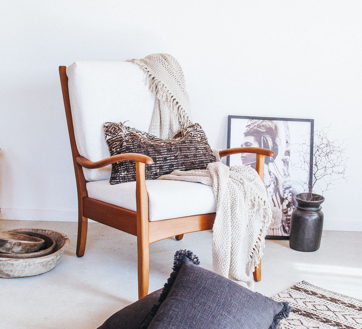 vintage boho mid century wooden armchair