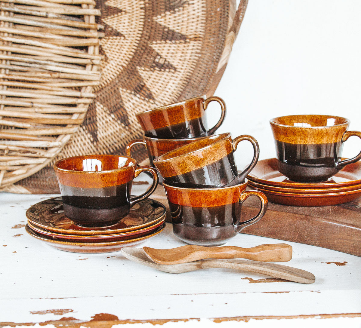 vintage boho rown lynn pioneer coffe cups made in NZ