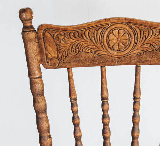 vintage antique wooden dining chair spindleback and carved details