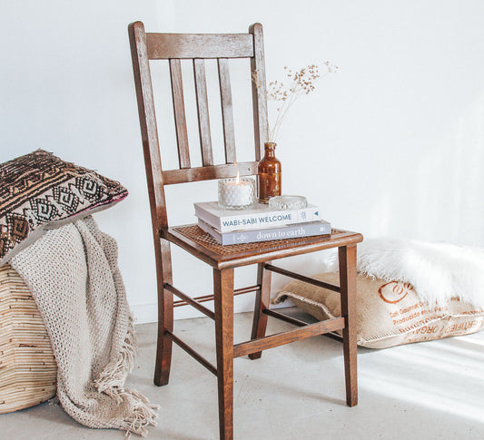 vintage antique wooden dining chair with woven rattan cane seat