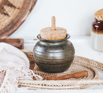 vintage boho pottery storage jar with cork lid