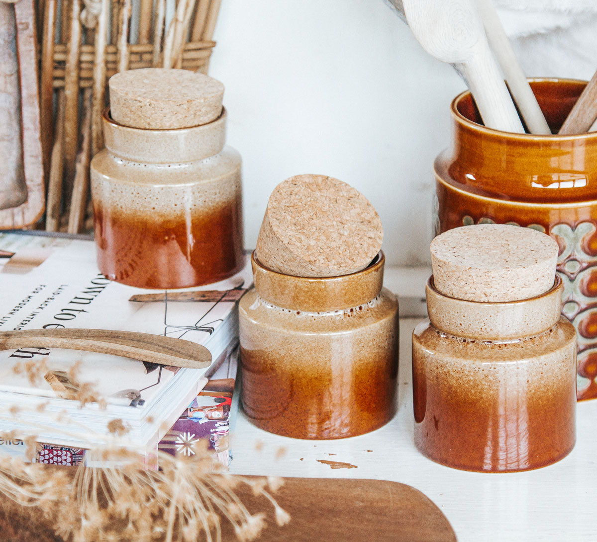 vintage boho temuka nz pottery storage spice jars