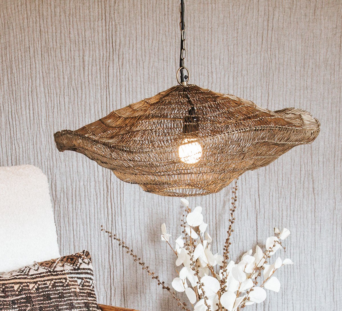 boho designer light mesh wire pendant light in antique gold bronze